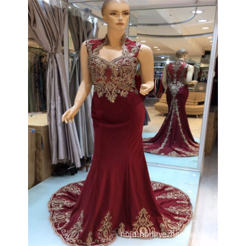 2017 Suzhou Special Design Golden Embroidery Satin Material Sexy Wine Red Mermaid Evening Dresses